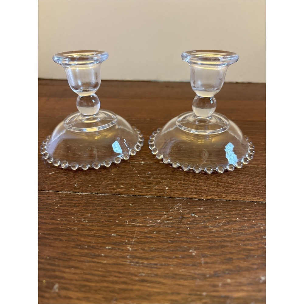 Set of Two Vintage Imperial Glass Candlewick 3 3/4" Candlestick Holders EUC‎